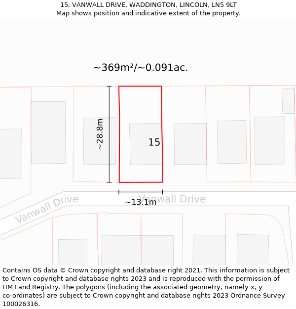 15, VANWALL DRIVE, WADDINGTON, LINCOLN, LN5 9LT: Plot and title map