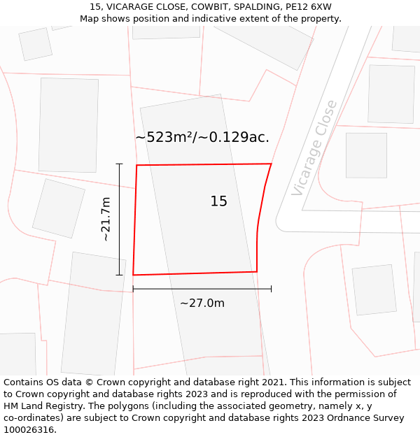 15, VICARAGE CLOSE, COWBIT, SPALDING, PE12 6XW: Plot and title map