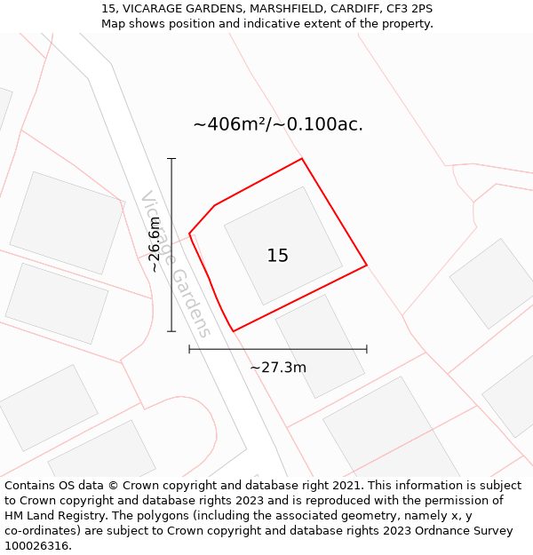 15, VICARAGE GARDENS, MARSHFIELD, CARDIFF, CF3 2PS: Plot and title map