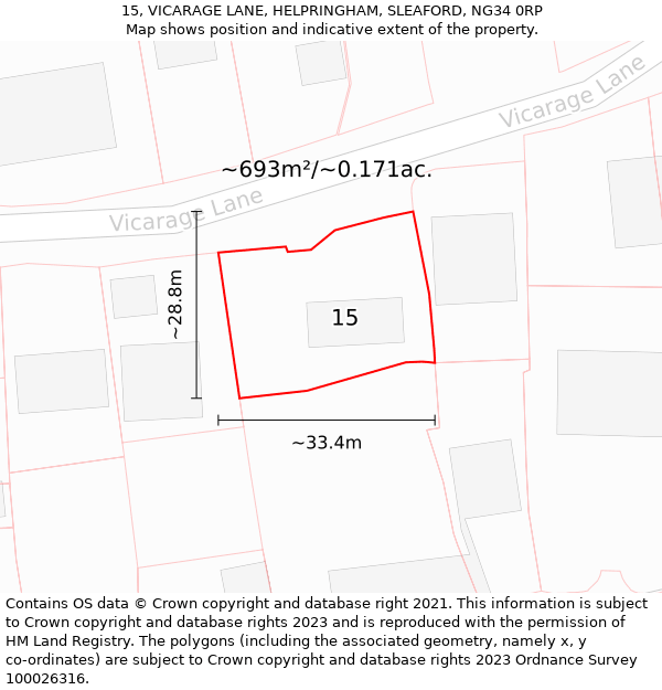 15, VICARAGE LANE, HELPRINGHAM, SLEAFORD, NG34 0RP: Plot and title map