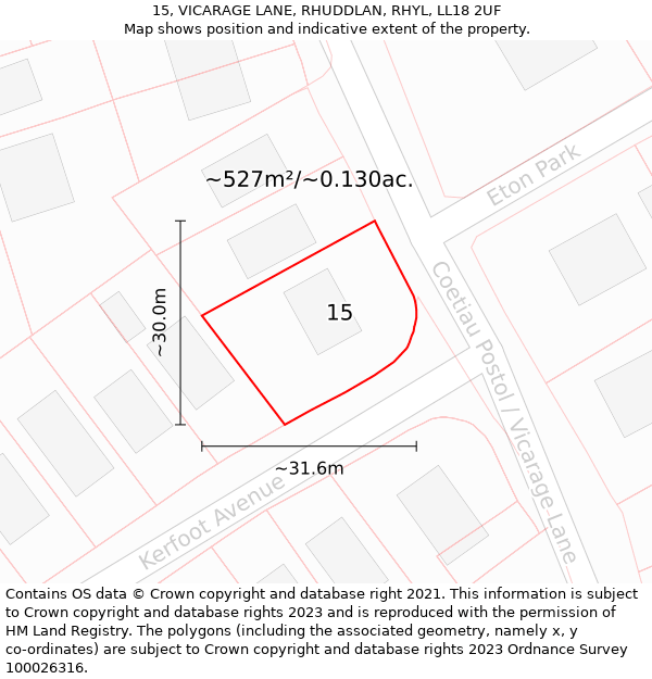 15, VICARAGE LANE, RHUDDLAN, RHYL, LL18 2UF: Plot and title map