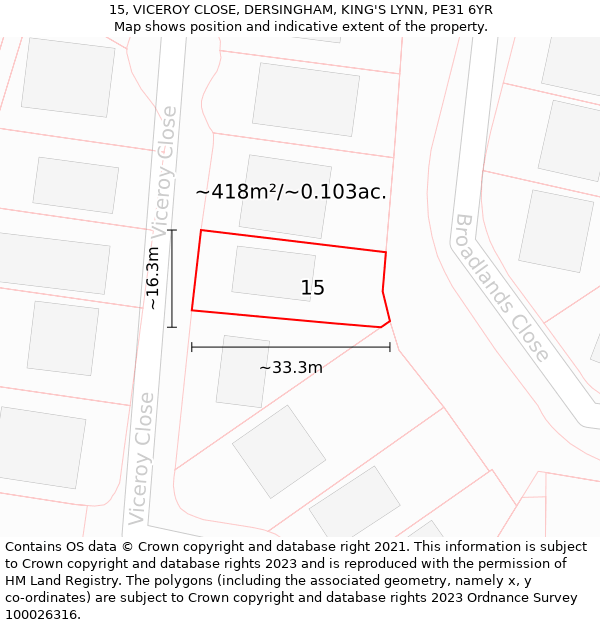 15, VICEROY CLOSE, DERSINGHAM, KING'S LYNN, PE31 6YR: Plot and title map