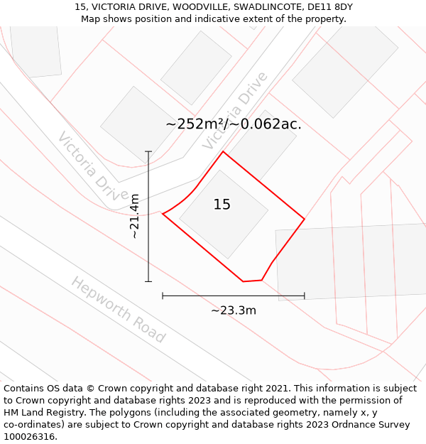 15, VICTORIA DRIVE, WOODVILLE, SWADLINCOTE, DE11 8DY: Plot and title map