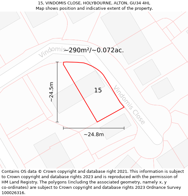 15, VINDOMIS CLOSE, HOLYBOURNE, ALTON, GU34 4HL: Plot and title map