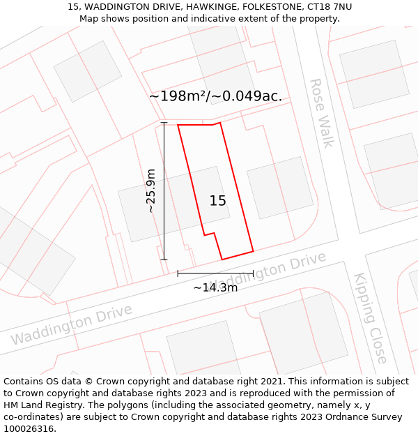 15, WADDINGTON DRIVE, HAWKINGE, FOLKESTONE, CT18 7NU: Plot and title map