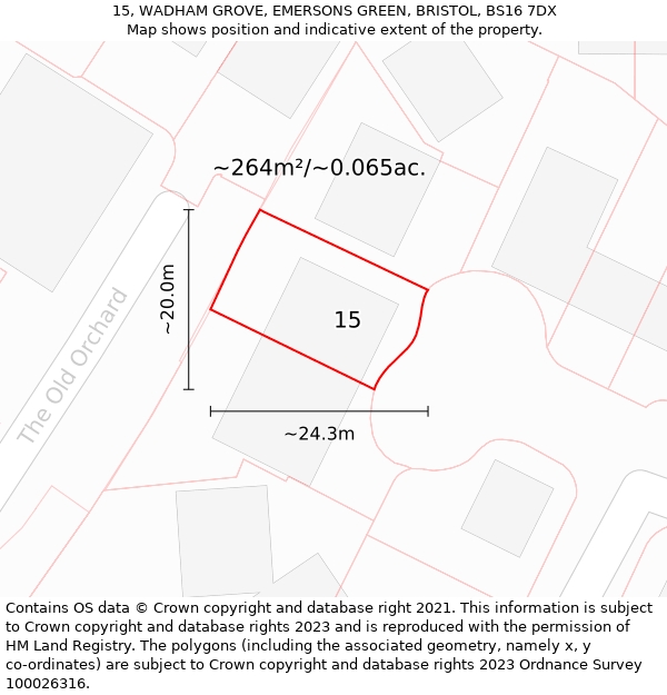 15, WADHAM GROVE, EMERSONS GREEN, BRISTOL, BS16 7DX: Plot and title map