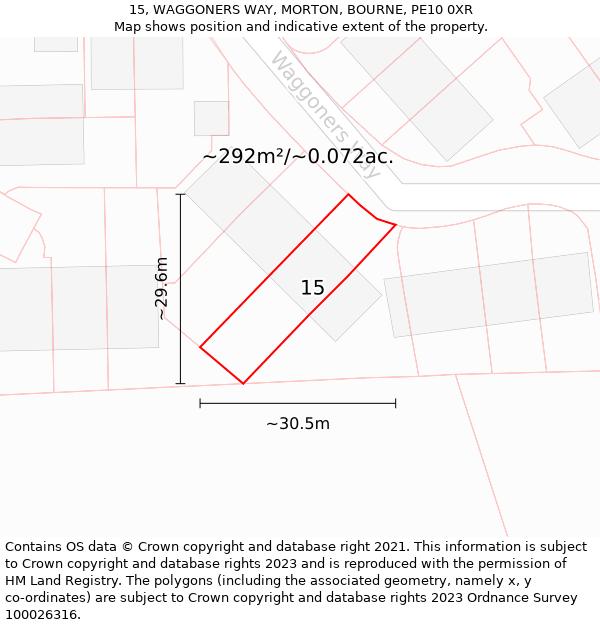 15, WAGGONERS WAY, MORTON, BOURNE, PE10 0XR: Plot and title map