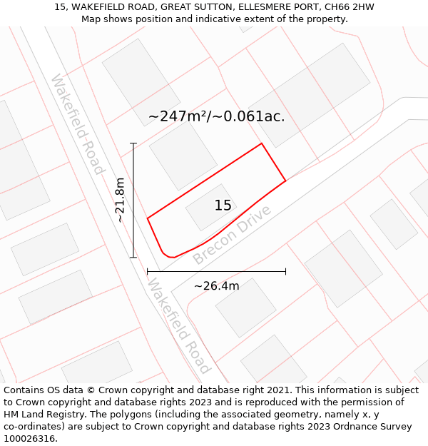 15, WAKEFIELD ROAD, GREAT SUTTON, ELLESMERE PORT, CH66 2HW: Plot and title map