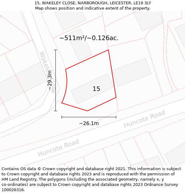 15, WAKELEY CLOSE, NARBOROUGH, LEICESTER, LE19 3LY: Plot and title map