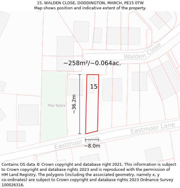 15, WALDEN CLOSE, DODDINGTON, MARCH, PE15 0TW: Plot and title map