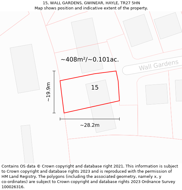 15, WALL GARDENS, GWINEAR, HAYLE, TR27 5HN: Plot and title map