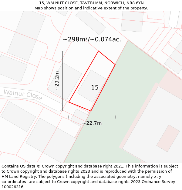 15, WALNUT CLOSE, TAVERHAM, NORWICH, NR8 6YN: Plot and title map