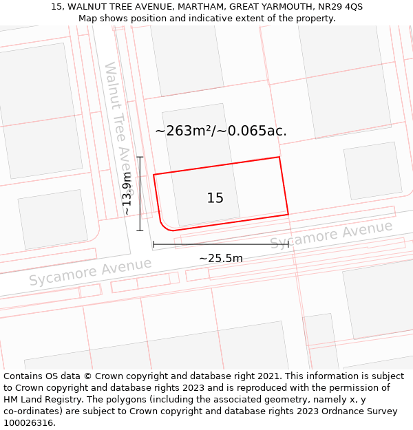 15, WALNUT TREE AVENUE, MARTHAM, GREAT YARMOUTH, NR29 4QS: Plot and title map