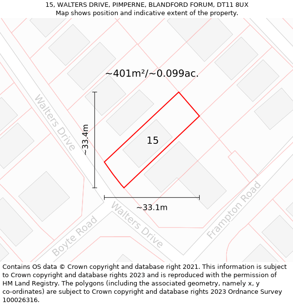 15, WALTERS DRIVE, PIMPERNE, BLANDFORD FORUM, DT11 8UX: Plot and title map