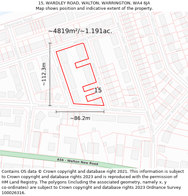 15, WARDLEY ROAD, WALTON, WARRINGTON, WA4 6JA: Plot and title map