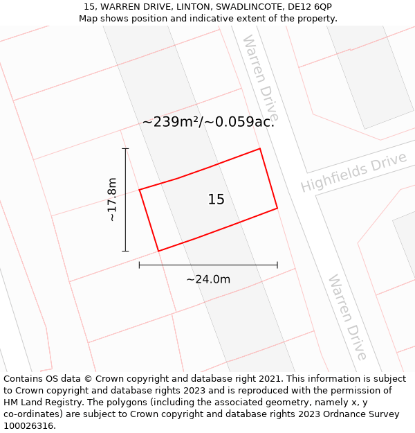 15, WARREN DRIVE, LINTON, SWADLINCOTE, DE12 6QP: Plot and title map