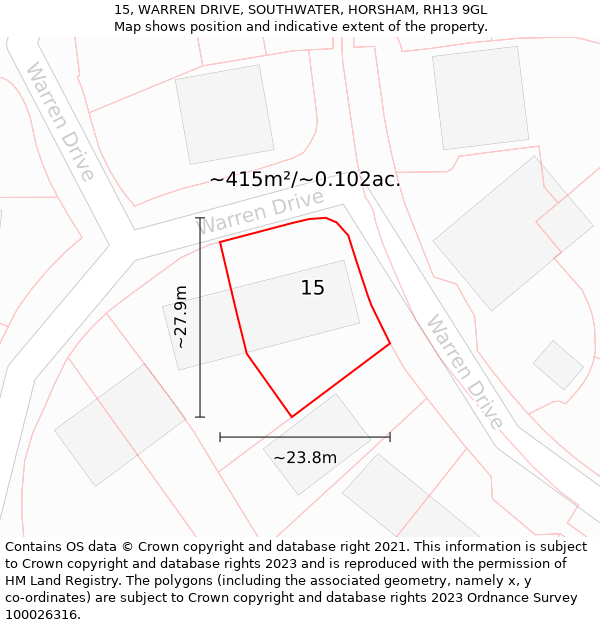 15, WARREN DRIVE, SOUTHWATER, HORSHAM, RH13 9GL: Plot and title map