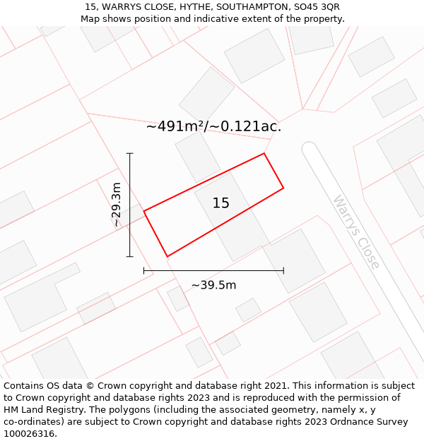 15, WARRYS CLOSE, HYTHE, SOUTHAMPTON, SO45 3QR: Plot and title map