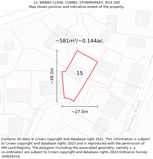 15, WEBBS CLOSE, COMBS, STOWMARKET, IP14 2NZ: Plot and title map