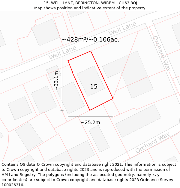 15, WELL LANE, BEBINGTON, WIRRAL, CH63 8QJ: Plot and title map