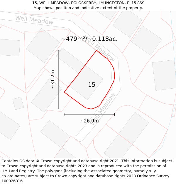 15, WELL MEADOW, EGLOSKERRY, LAUNCESTON, PL15 8SS: Plot and title map