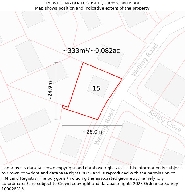 15, WELLING ROAD, ORSETT, GRAYS, RM16 3DF: Plot and title map