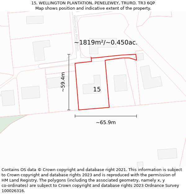 15, WELLINGTON PLANTATION, PENELEWEY, TRURO, TR3 6QP: Plot and title map