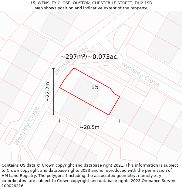 15, WENSLEY CLOSE, OUSTON, CHESTER LE STREET, DH2 1SD: Plot and title map