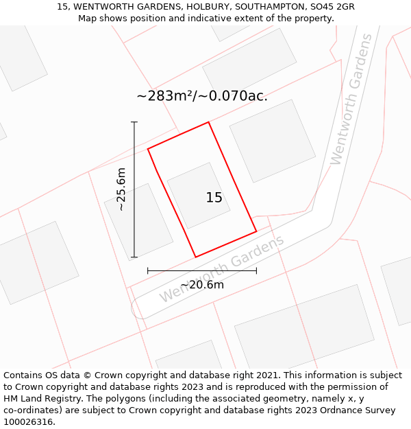 15, WENTWORTH GARDENS, HOLBURY, SOUTHAMPTON, SO45 2GR: Plot and title map