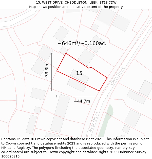 15, WEST DRIVE, CHEDDLETON, LEEK, ST13 7DW: Plot and title map