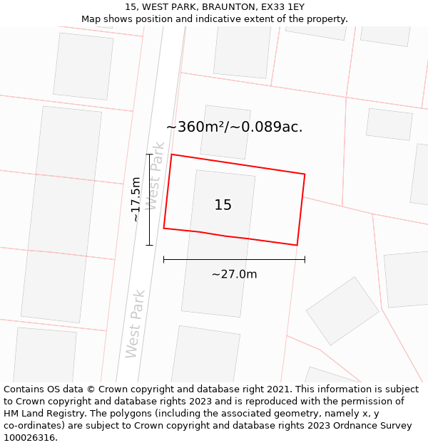 15, WEST PARK, BRAUNTON, EX33 1EY: Plot and title map