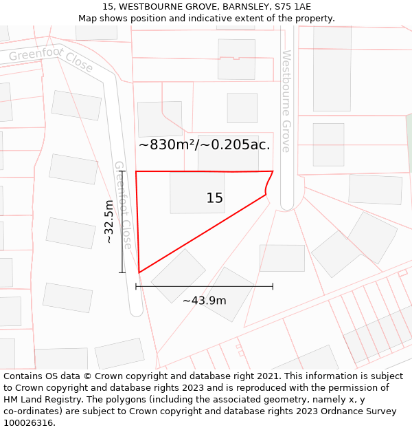 15, WESTBOURNE GROVE, BARNSLEY, S75 1AE: Plot and title map