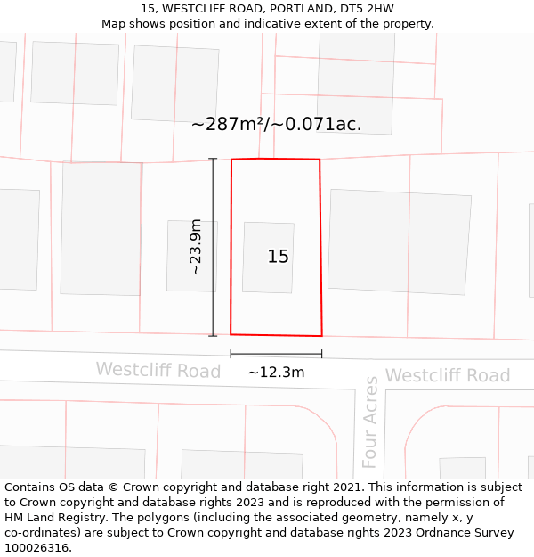 15, WESTCLIFF ROAD, PORTLAND, DT5 2HW: Plot and title map