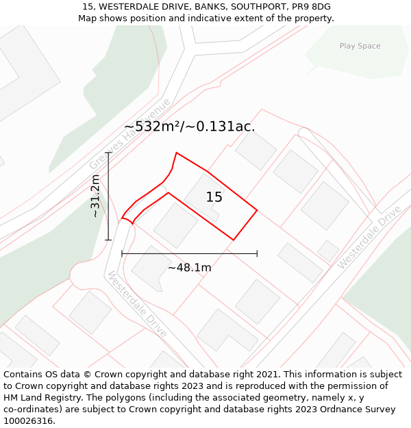 15, WESTERDALE DRIVE, BANKS, SOUTHPORT, PR9 8DG: Plot and title map