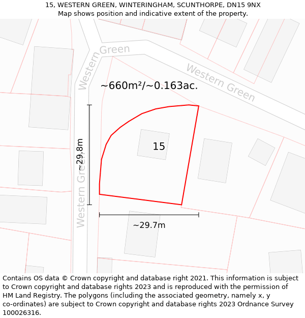 15, WESTERN GREEN, WINTERINGHAM, SCUNTHORPE, DN15 9NX: Plot and title map