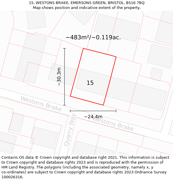 15, WESTONS BRAKE, EMERSONS GREEN, BRISTOL, BS16 7BQ: Plot and title map