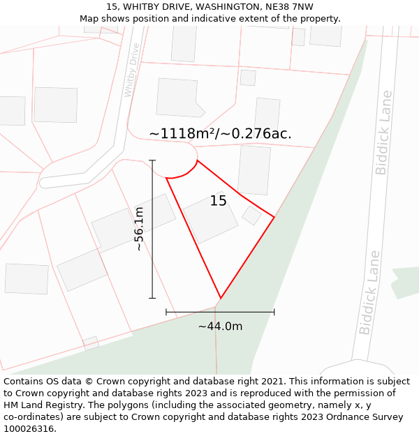 15, WHITBY DRIVE, WASHINGTON, NE38 7NW: Plot and title map