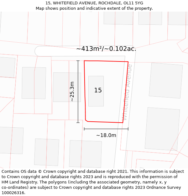 15, WHITEFIELD AVENUE, ROCHDALE, OL11 5YG: Plot and title map