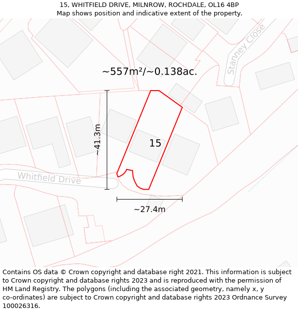 15, WHITFIELD DRIVE, MILNROW, ROCHDALE, OL16 4BP: Plot and title map