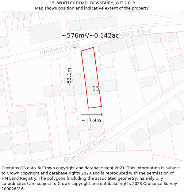 15, WHITLEY ROAD, DEWSBURY, WF12 0LP: Plot and title map