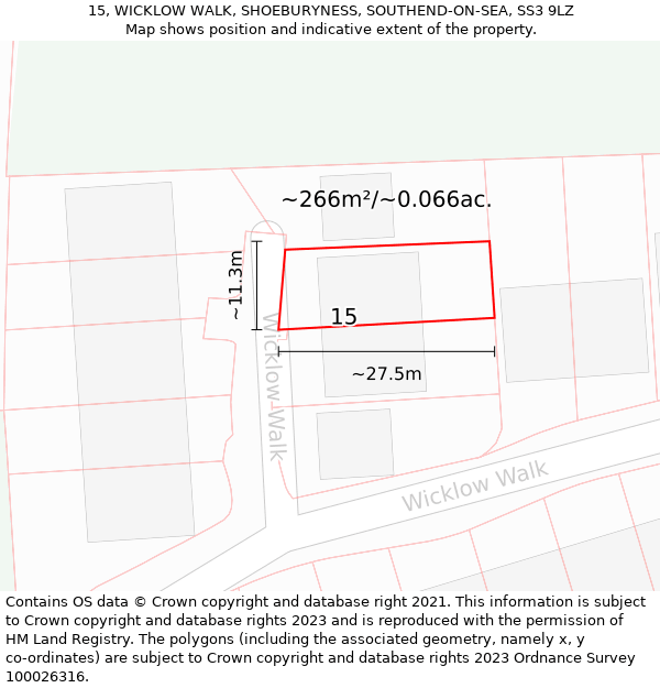 15, WICKLOW WALK, SHOEBURYNESS, SOUTHEND-ON-SEA, SS3 9LZ: Plot and title map