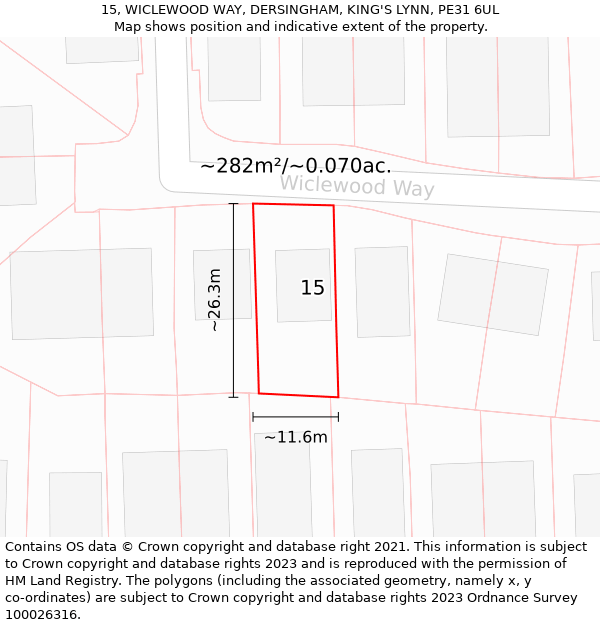 15, WICLEWOOD WAY, DERSINGHAM, KING'S LYNN, PE31 6UL: Plot and title map