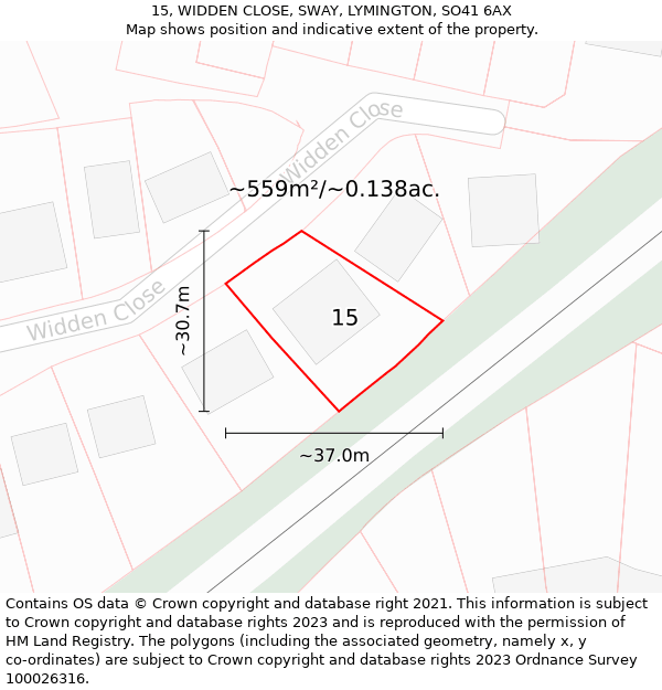 15, WIDDEN CLOSE, SWAY, LYMINGTON, SO41 6AX: Plot and title map