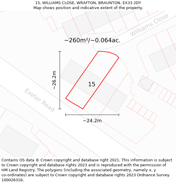 15, WILLIAMS CLOSE, WRAFTON, BRAUNTON, EX33 2DY: Plot and title map