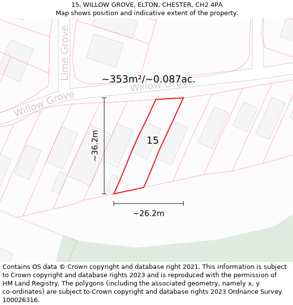 15, WILLOW GROVE, ELTON, CHESTER, CH2 4PA: Plot and title map