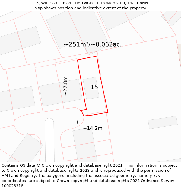 15, WILLOW GROVE, HARWORTH, DONCASTER, DN11 8NN: Plot and title map