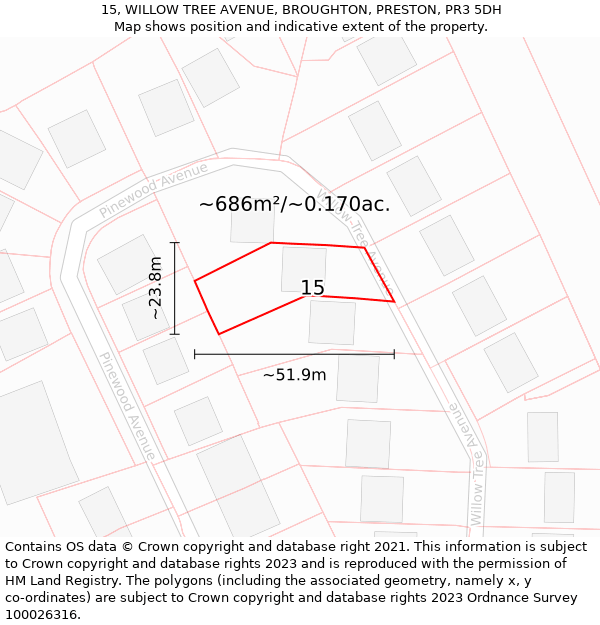 15, WILLOW TREE AVENUE, BROUGHTON, PRESTON, PR3 5DH: Plot and title map