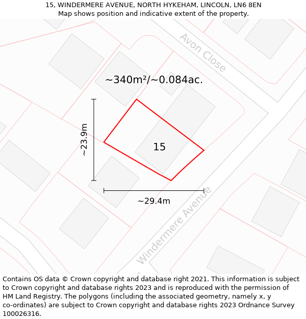 15, WINDERMERE AVENUE, NORTH HYKEHAM, LINCOLN, LN6 8EN: Plot and title map