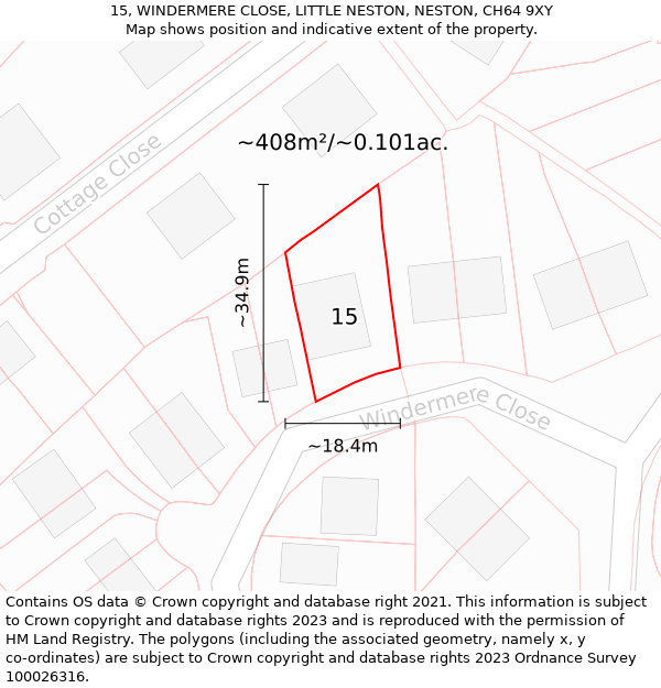 15, WINDERMERE CLOSE, LITTLE NESTON, NESTON, CH64 9XY: Plot and title map