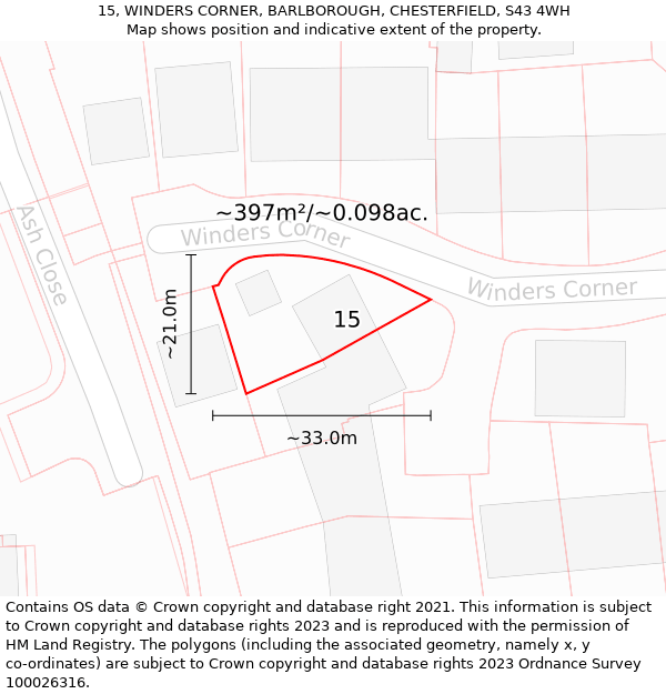 15, WINDERS CORNER, BARLBOROUGH, CHESTERFIELD, S43 4WH: Plot and title map